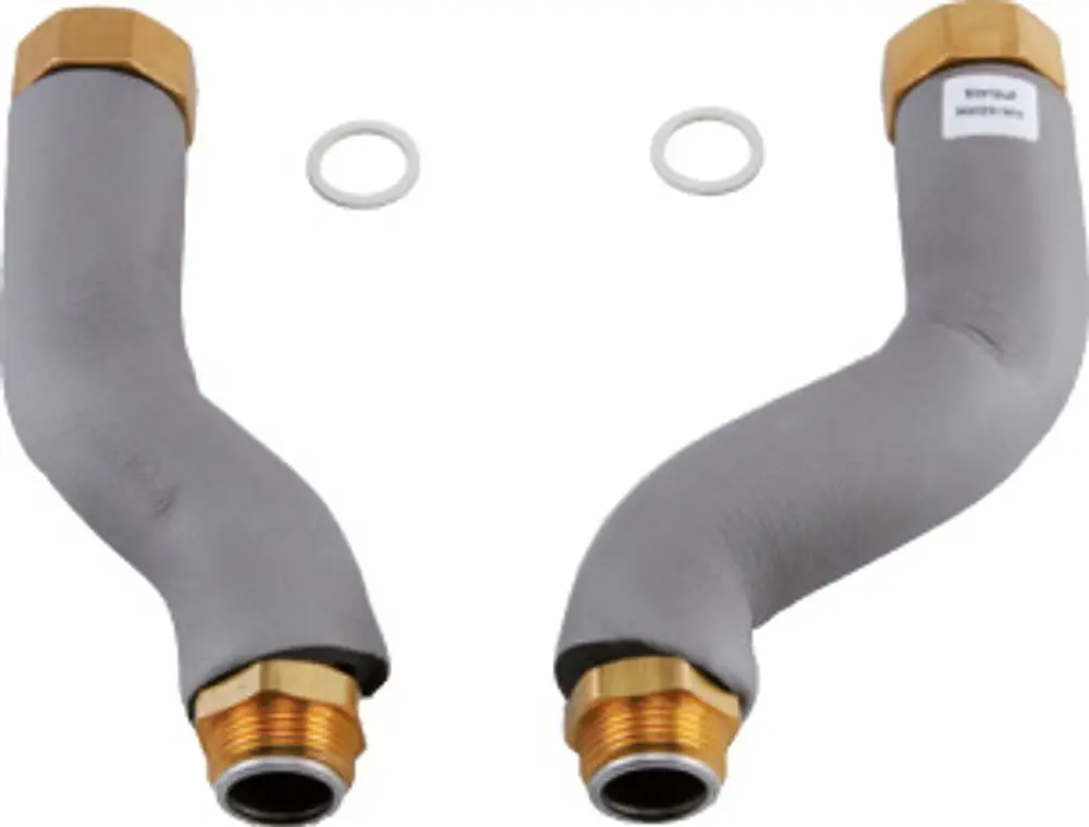 Installationszubehör von Bosch mit zwei gebogenen Ventilanschlüssen, goldenen Gewinden und Gummidichtungen zum Anschluss von Heizsystemen.